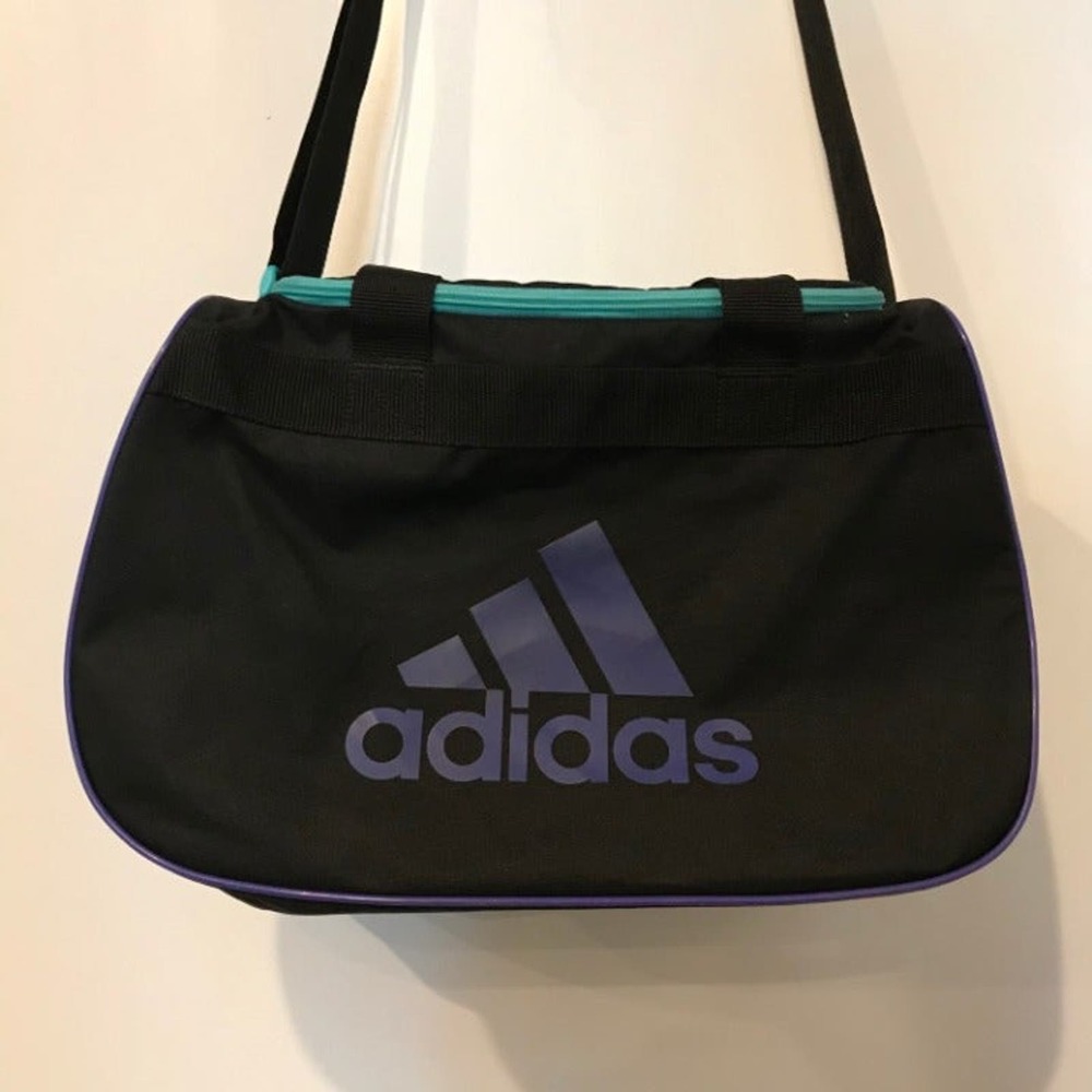 adidas Black Duffel Bag with Purple Logo and Teal Trim